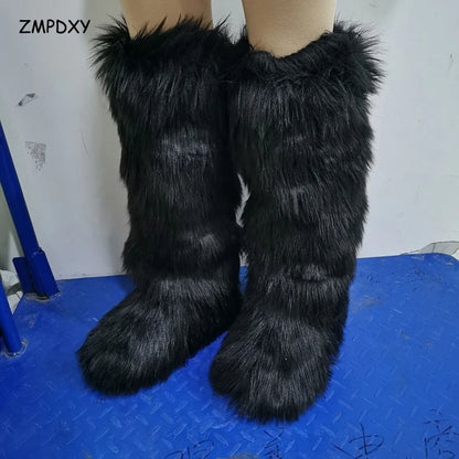 2024 Winter Thigh High Fluffy Boots Ladies Furry Faux Fox Fur Long Warm Shoes Women New Designer Plush Knee High Fur Boots Girls