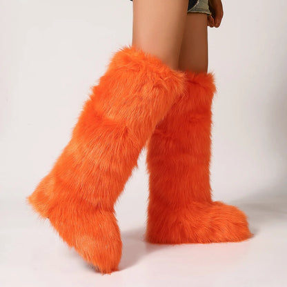 2024 Winter Thigh High Fluffy Boots Ladies Furry Faux Fox Fur Long Warm Shoes Women New Designer Plush Knee High Fur Boots Girls