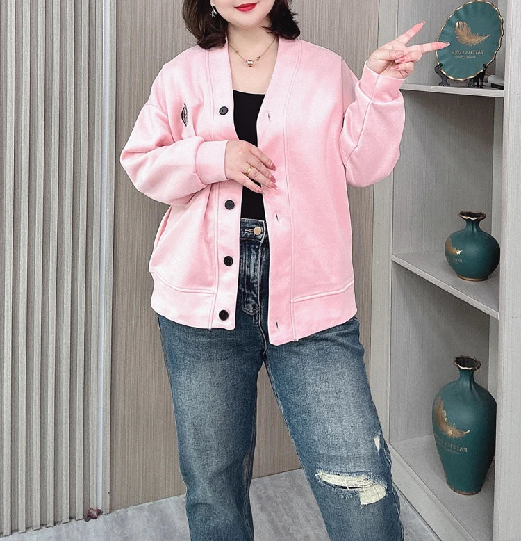 Vintage V-neck Hoodie Cardigan Women Coat Spring/Autumn Plus Size Loose Long Sleeve Baseball Jacket 931