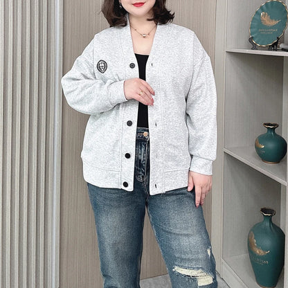 Vintage V-neck Hoodie Cardigan Women Coat Spring/Autumn Plus Size Loose Long Sleeve Baseball Jacket 931