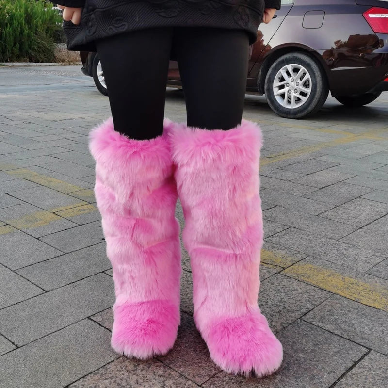 2024 Winter Thigh High Fluffy Boots Ladies Furry Faux Fox Fur Long Warm Shoes Women New Designer Plush Knee High Fur Boots Girls