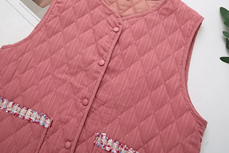 Plus Size Women's Clothing Spring And Autumn Vest Collarless And Sleeveless Solid Color Diamond Check Quilted Lightweight Jacket