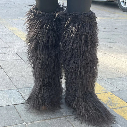 2024 Winter Thigh High Fluffy Boots Ladies Furry Faux Fox Fur Long Warm Shoes Women New Designer Plush Knee High Fur Boots Girls