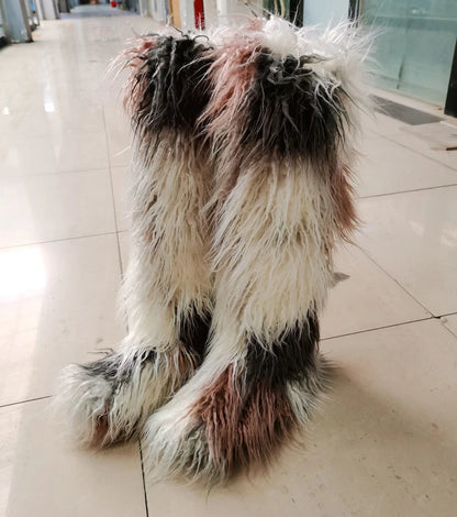 2024 Winter Thigh High Fluffy Boots Ladies Furry Faux Fox Fur Long Warm Shoes Women New Designer Plush Knee High Fur Boots Girls