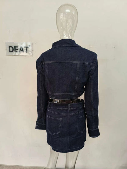 DEAT Vintage Denim Two Piece Set For Women Button Long Sleeve Lapel Jacket Single Button Mini Skirt Autumn 2024 Female 11XX5434