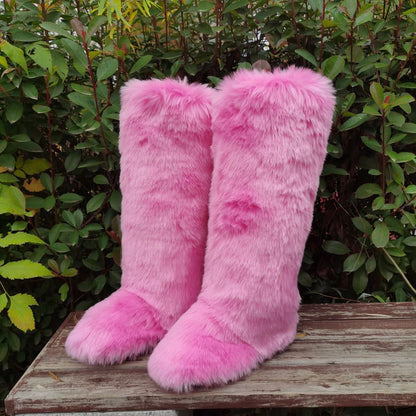 2024 Winter Thigh High Fluffy Boots Ladies Furry Faux Fox Fur Long Warm Shoes Women New Designer Plush Knee High Fur Boots Girls