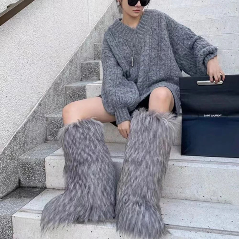 2024 Winter Thigh High Fluffy Boots Ladies Furry Faux Fox Fur Long Warm Shoes Women New Designer Plush Knee High Fur Boots Girls