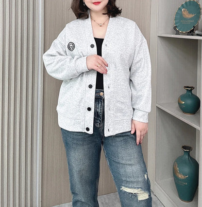 Vintage V-neck Hoodie Cardigan Women Coat Spring/Autumn Plus Size Loose Long Sleeve Baseball Jacket 931