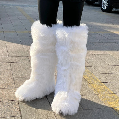 2024 Winter Thigh High Fluffy Boots Ladies Furry Faux Fox Fur Long Warm Shoes Women New Designer Plush Knee High Fur Boots Girls