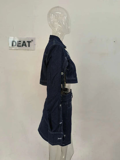 DEAT Vintage Denim Two Piece Set For Women Button Long Sleeve Lapel Jacket Single Button Mini Skirt Autumn 2024 Female 11XX5434