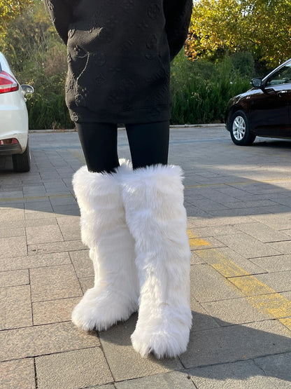 2024 Winter Thigh High Fluffy Boots Ladies Furry Faux Fox Fur Long Warm Shoes Women New Designer Plush Knee High Fur Boots Girls