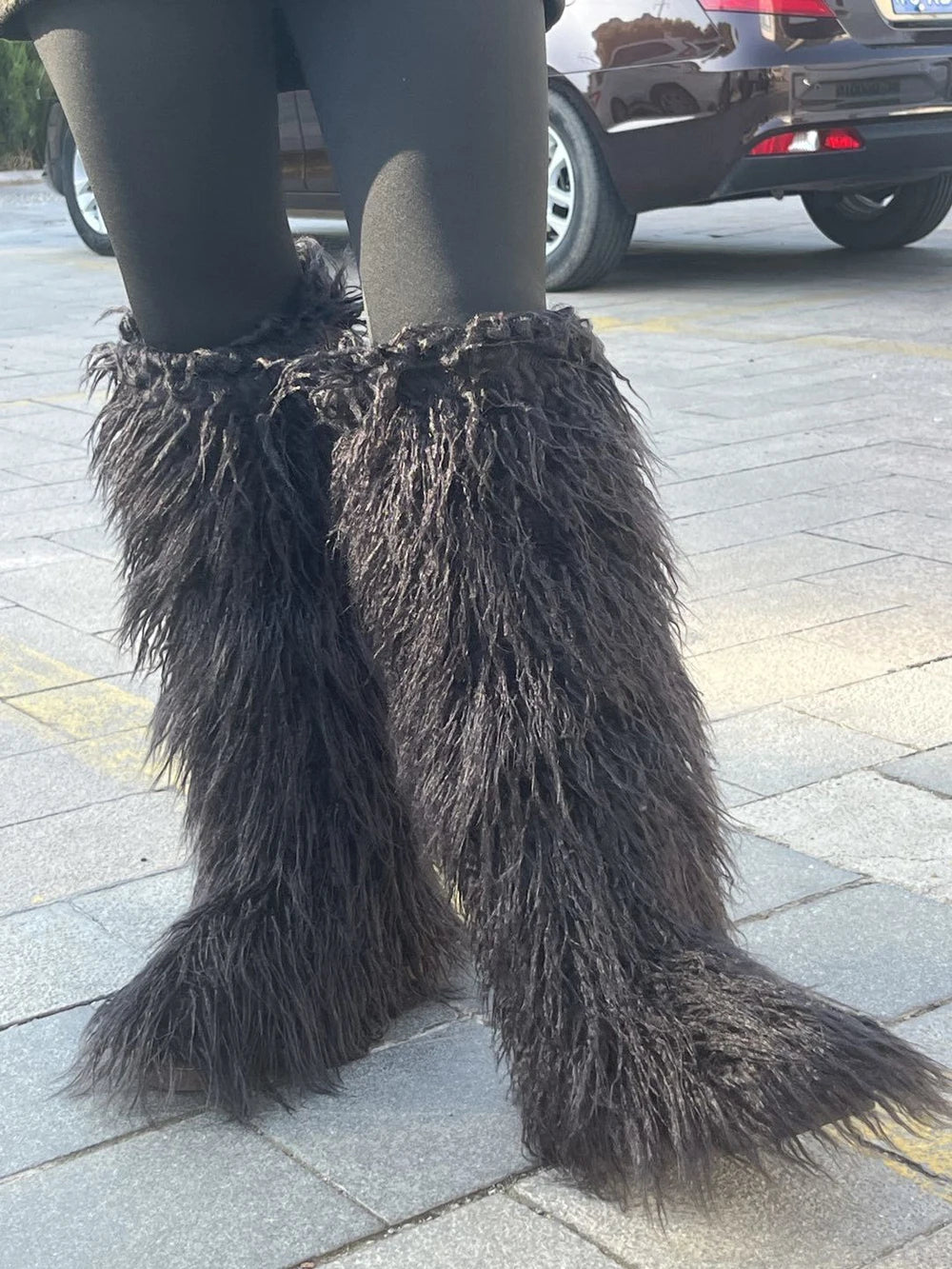 2024 Winter Thigh High Fluffy Boots Ladies Furry Faux Fox Fur Long Warm Shoes Women New Designer Plush Knee High Fur Boots Girls