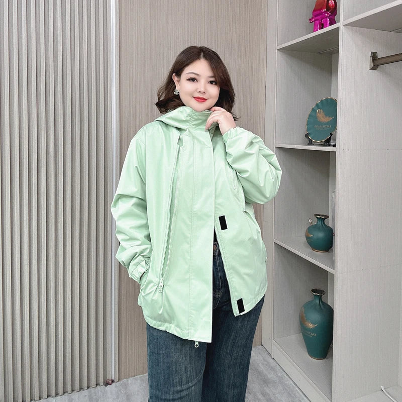 Outdoor Jacket Lovers Plus Size Women Autumn New Loose Leisure Weatherproof Rainning Proof Hooded Zipper Trench Coat 2275