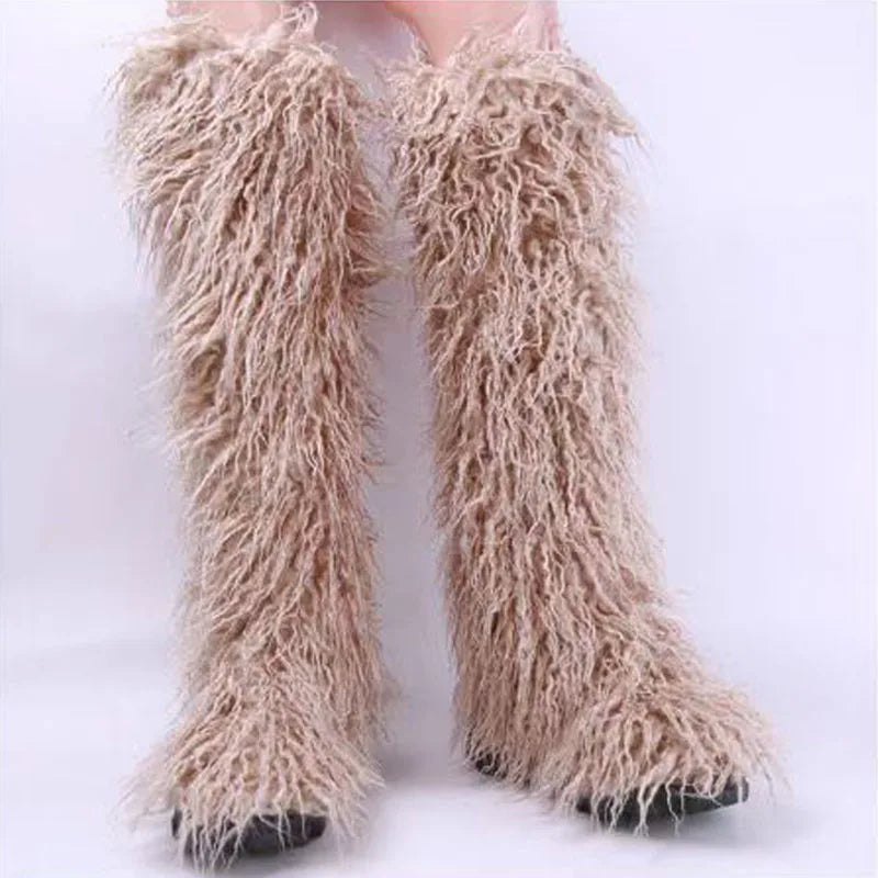 2024 Winter Thigh High Fluffy Boots Ladies Furry Faux Fox Fur Long Warm Shoes Women New Designer Plush Knee High Fur Boots Girls