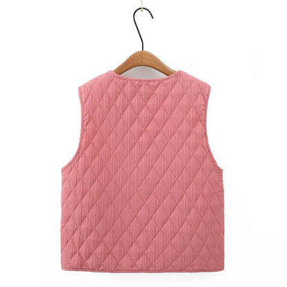 Plus Size Women's Clothing Spring And Autumn Vest Collarless And Sleeveless Solid Color Diamond Check Quilted Lightweight Jacket