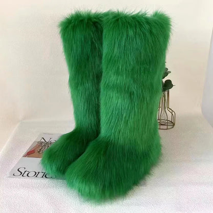 2024 Winter Thigh High Fluffy Boots Ladies Furry Faux Fox Fur Long Warm Shoes Women New Designer Plush Knee High Fur Boots Girls