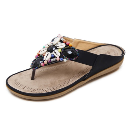 Ladies Summer Bohemian Sandals Seaside Retro Beaded Shell Slippers,