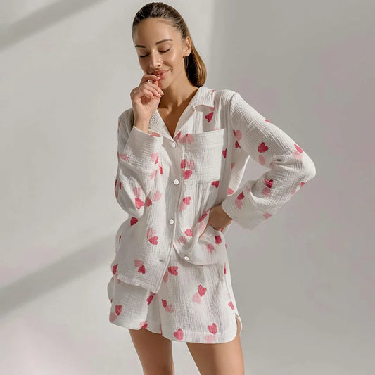 Trending Product  100% Cotton Pajamas Women Long Sleeve Shorts Fashion Set