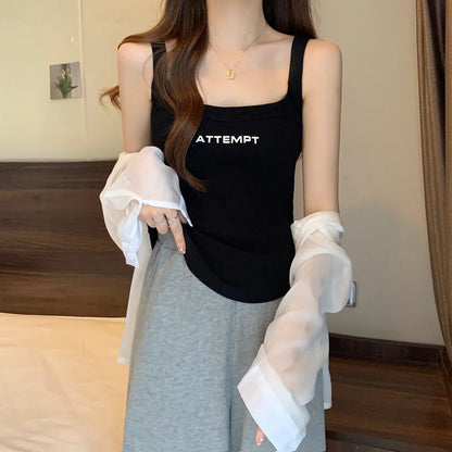 Fashion O-Neck Solid Color Embroidery Letter Camisole T-Shirt Female Clothing 2024 Summer New Loose Korean Tops Casual Tee Shirt