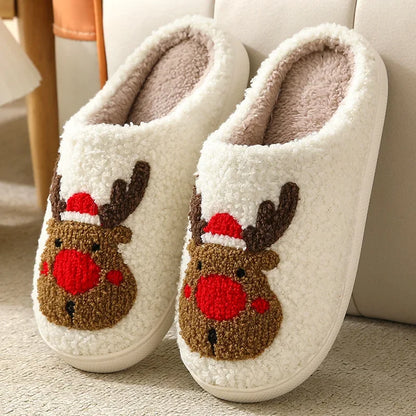 Christmas Elk Cotton Slippers for Women Men Winter Cute Cartoon Home Non Slip Couple Floor Slides Indoor Plush Shoes 20