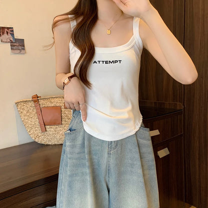 Fashion O-Neck Solid Color Embroidery Letter Camisole T-Shirt Female Clothing 2024 Summer New Loose Korean Tops Casual Tee Shirt