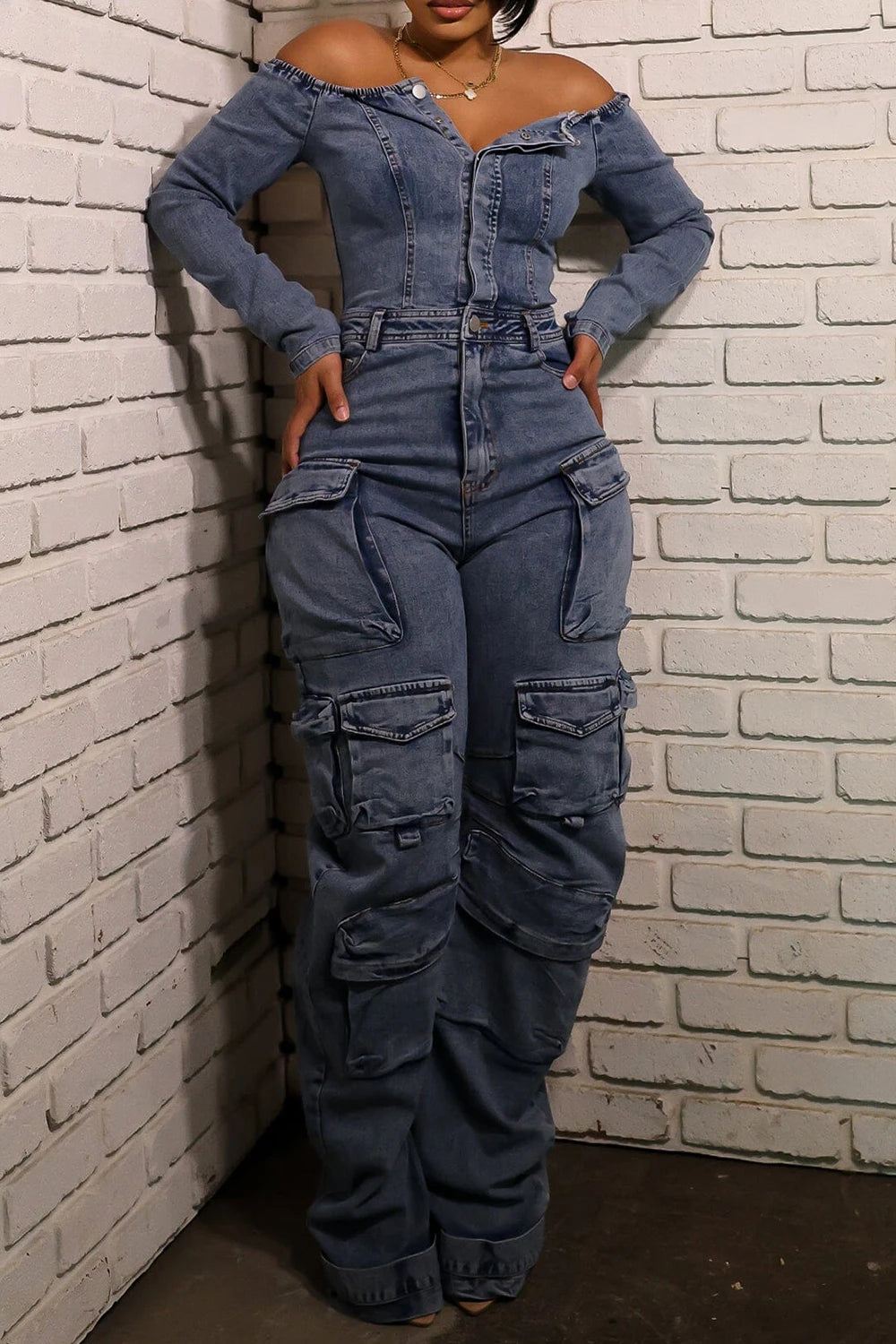 Plus Size Daily Blue Off The Shoulder Long Sleeve Pocket Cargo Denim Jumpsuits