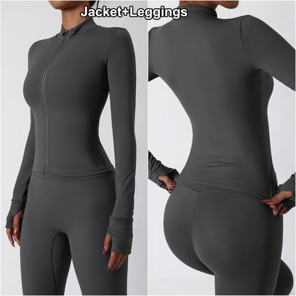 Women Gym Set Full Zip Long Sleeve Jacket Workout Yoga Running Leggings Sports Bra Stretch Women Fitness Outfit Women Activewear