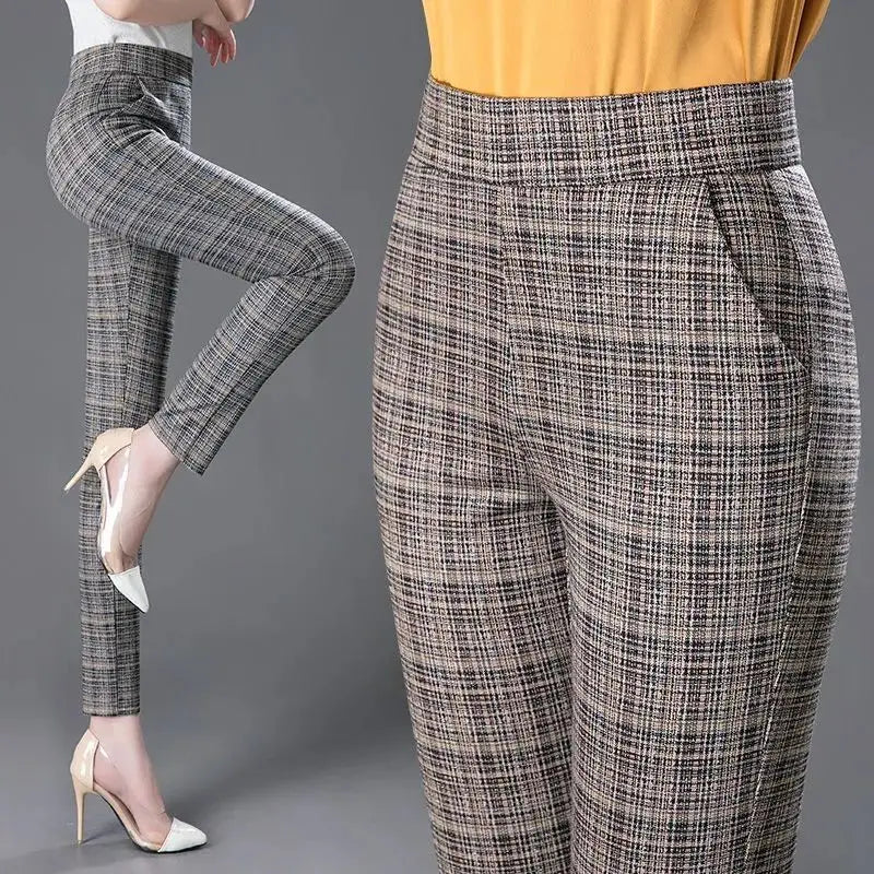 Office Lady Slim Plaid Pencil Pants Woman Korean Fashion Vintage Spring Autumn Streetwear New High Waist Casual Suits Trousers