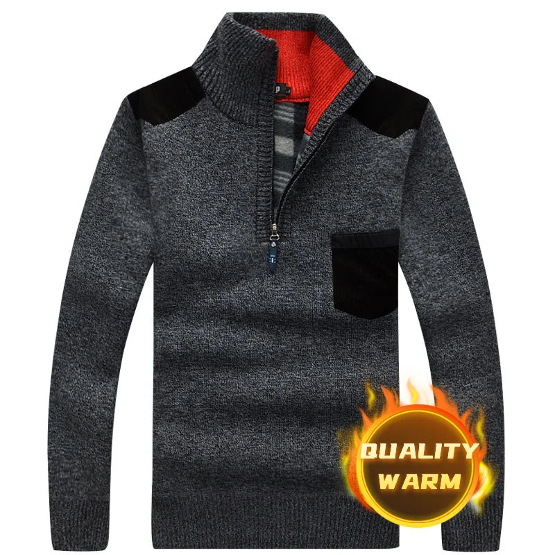 Winter Men's Turtleneck Sweater Half Zip Fleece Knitted Wool Pullover Long Sleeve Pocket Casual Male Thick Clothing for Autumn