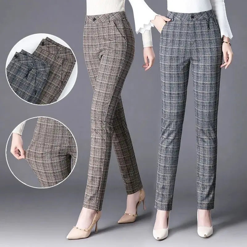 Office Lady Slim Plaid Pencil Pants Woman Korean Fashion Vintage Spring Autumn Streetwear New High Waist Casual Suits Trousers