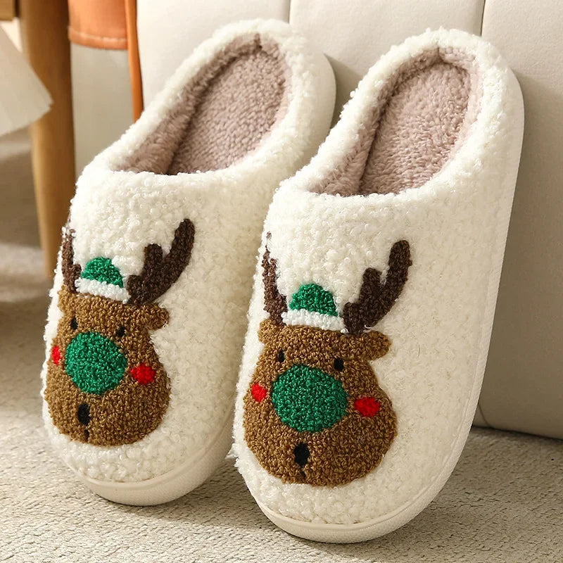 Christmas Elk Cotton Slippers for Women Men Winter Cute Cartoon Home Non Slip Couple Floor Slides Indoor Plush Shoes 20