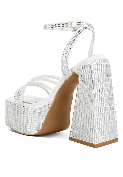 Lustrous Mirror Embellished Flare Block Heel Sandals