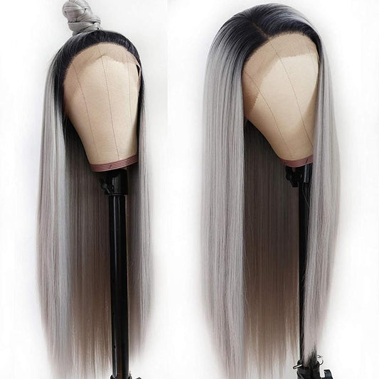 Natural Hairline Sliver Grey Long Straight Synthetic Lace Front Wigs