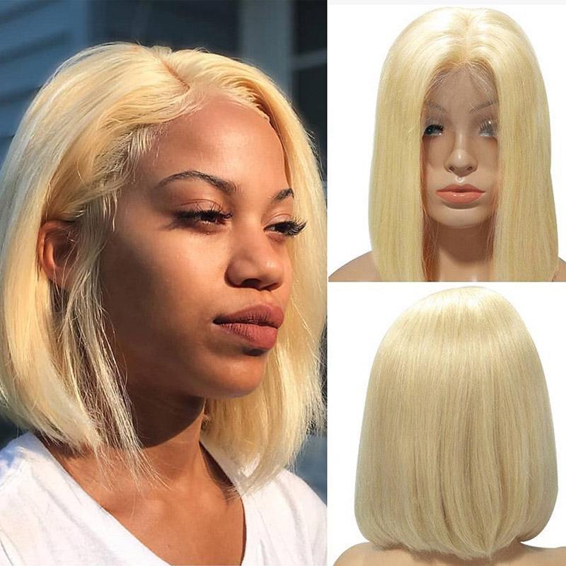 613 Blonde Short Bob Wigs Lace Front Human Hair Wigs Soft Pre Plucked